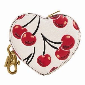 Coach Boxed Cherry Print Heart Coin Purse Bag Charm B4/Chalk Pebble Leather NWT